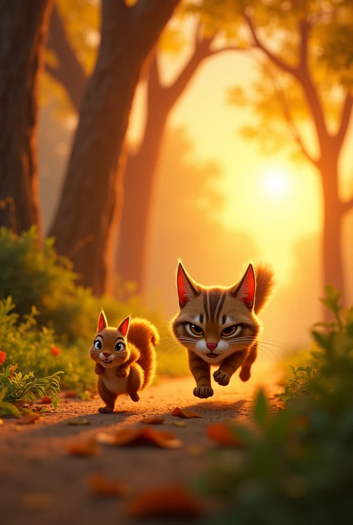 a cat chasing a squirell, scene from a pixar style animation, warm colors, sunset lights
