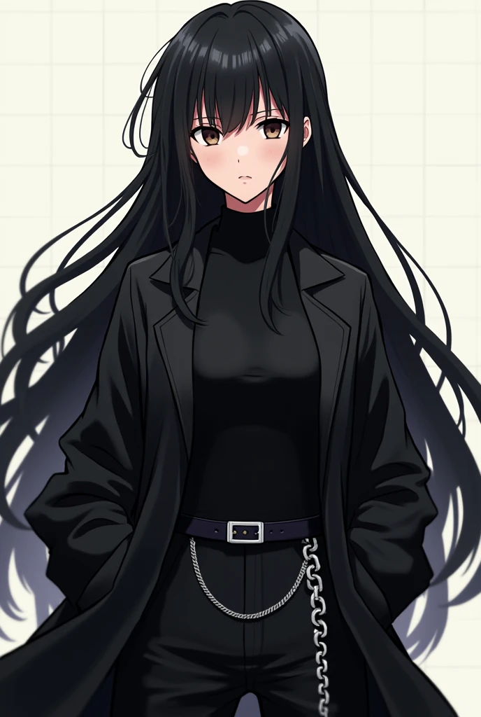 Full-body. Physically attractive woman with long black hair with bangs, dark brown eyes, wearing a black shirt, a black coat, an oversized pant with a silver chain hanging from it. The Legend of Anime Kimetsu no yaiba. Full-body