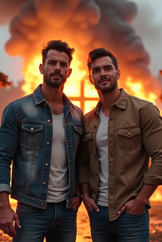 Two friends(mascle) stopped, side-by-side, one with a denim jacket, another with a dress shirt, in the background a house is on fire, and they both have a fun expression
