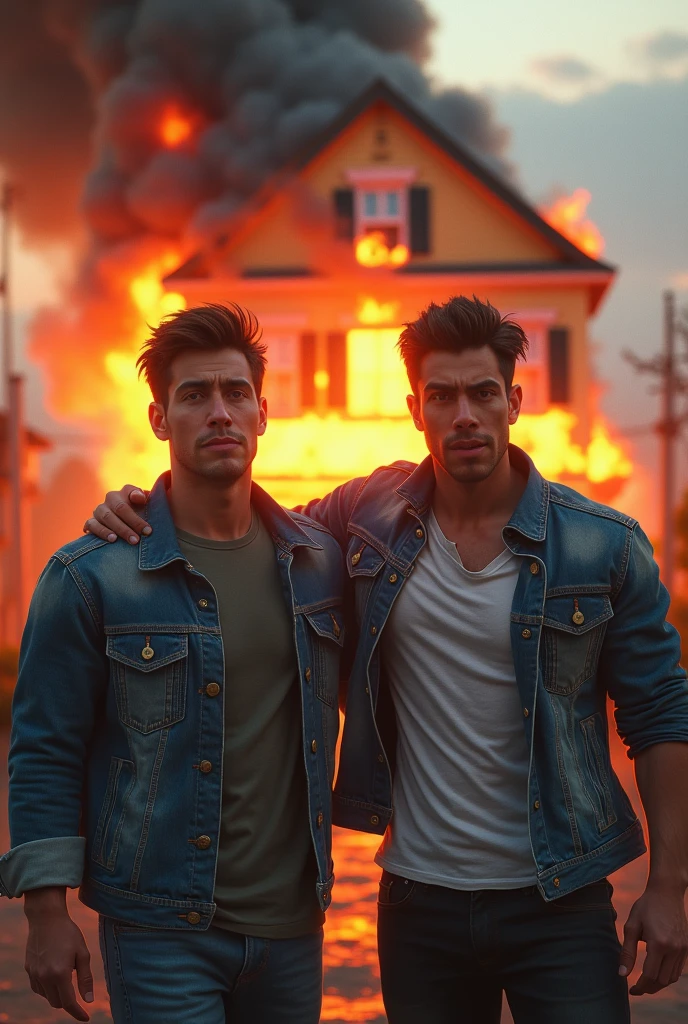 Two friends(mascle) stopped, side-by-side, one with a denim jacket, another with a dress shirt, in the background a house is on fire, and they both have a fun expression