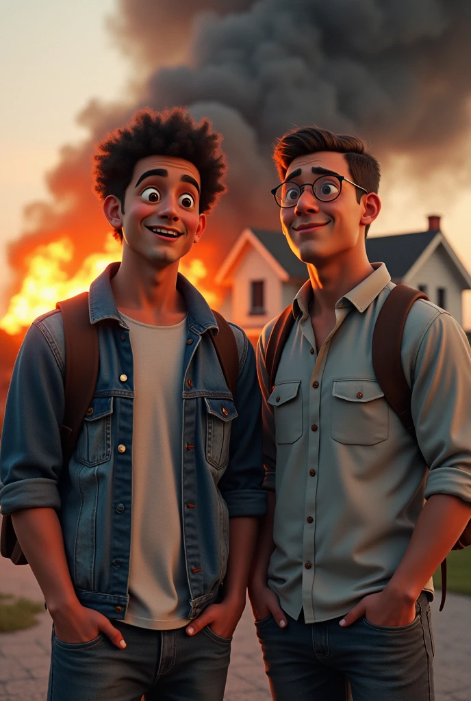 Two friends(mascle) stopped, side-by-side, one with a denim jacket, another with a dress shirt, in the background a house is on fire, and they both have a fun expression
