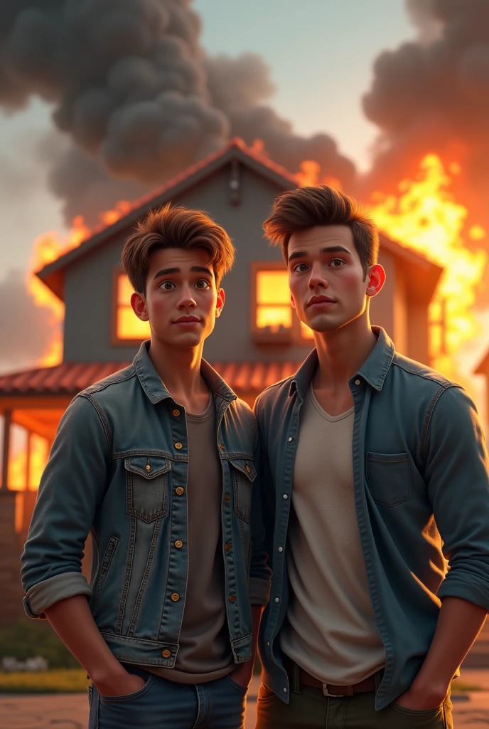 Two friends(mascle) stopped, side-by-side, one with a denim jacket, another with a dress shirt, in the background a house is on fire, and they both have a fun expression