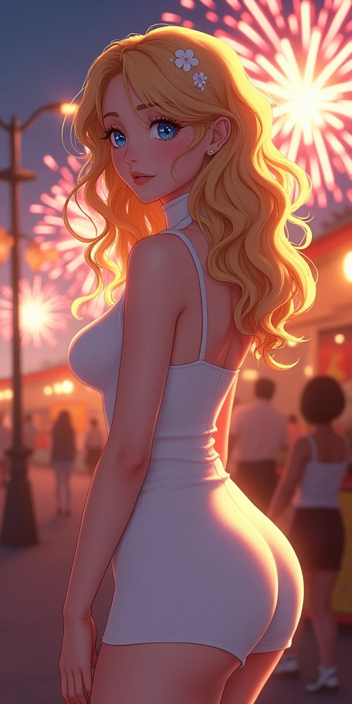 (best quality, ultra-detailed, photorealistic: 1.39), bright and vibrant colors, studio lighting, romantic expression, An effeminate girl, with a delicate and beautiful face. She is a girl who reflects seductive beauty, sparkling eyes, A beautiful adult woman beautiful and voluminous curly blonder hair, hair clip, crying a seductive 2 woman with big breasts seduces, with her large breasts seduces, Turtleneck sweater, white wool, sleeveless, beautiful sweater dress, pose from behind, looking back, with beautiful legs, ankle boots, with her blue eyes that matches her soft smile, in a beautiful pose demonstrating her seduction on the in the park at night, beautiful event decoration with lights and fireworks, night with soft lighting, anime style, like a manwha character