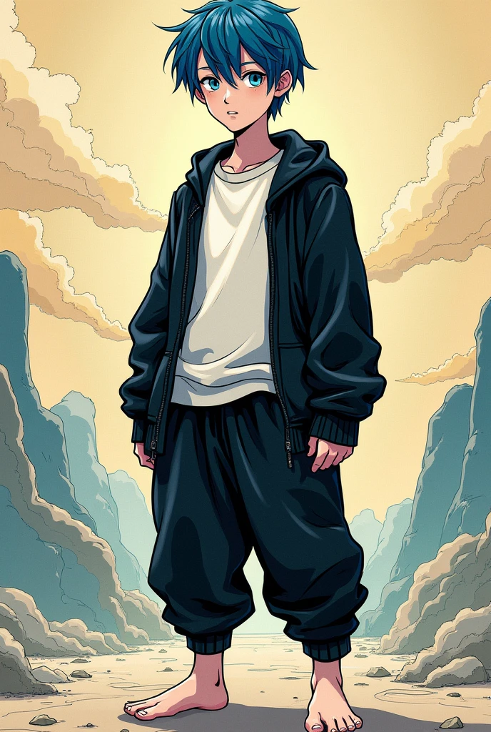 A comic book style character, tall with very dark blue hair, Sky blue eyes and white skin but not so white. His outfit consists of a black long-sleeved shirt and over the black long-sleeved shirt a white shirt., At the bottom he has a black sweatshirt and he is barefoot.