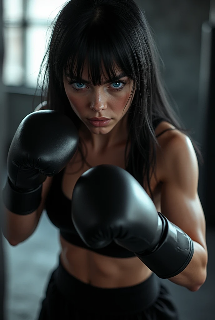 Realistic black haired woman, intimidating blue eyes, she has very white and pale skin, she wears black workout clothes. She is training on the punching bag, box training, fully concentrated and spontaneous.
