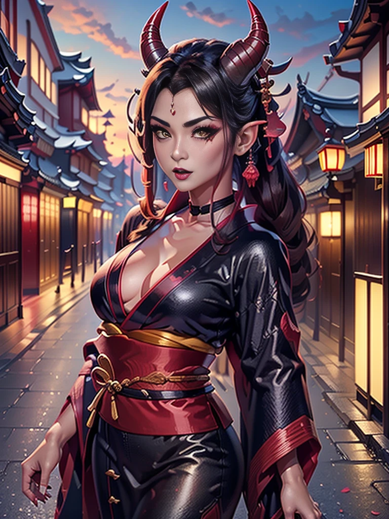 1girl, female, solo, tiefling, (red skin, red colored skin, crimson skin), Woman, jewelery, piercing, black oni horns, vlack hair, long hair, yellow eyes, black lips, choker, goth, horn ornament, armour, ((master part, best qualityer)), horns pointed ears, make-up, (face detailed), face focus, portrait, fully body, wearing black kimono, long flowing kimono, natural breasts, medium breasts,