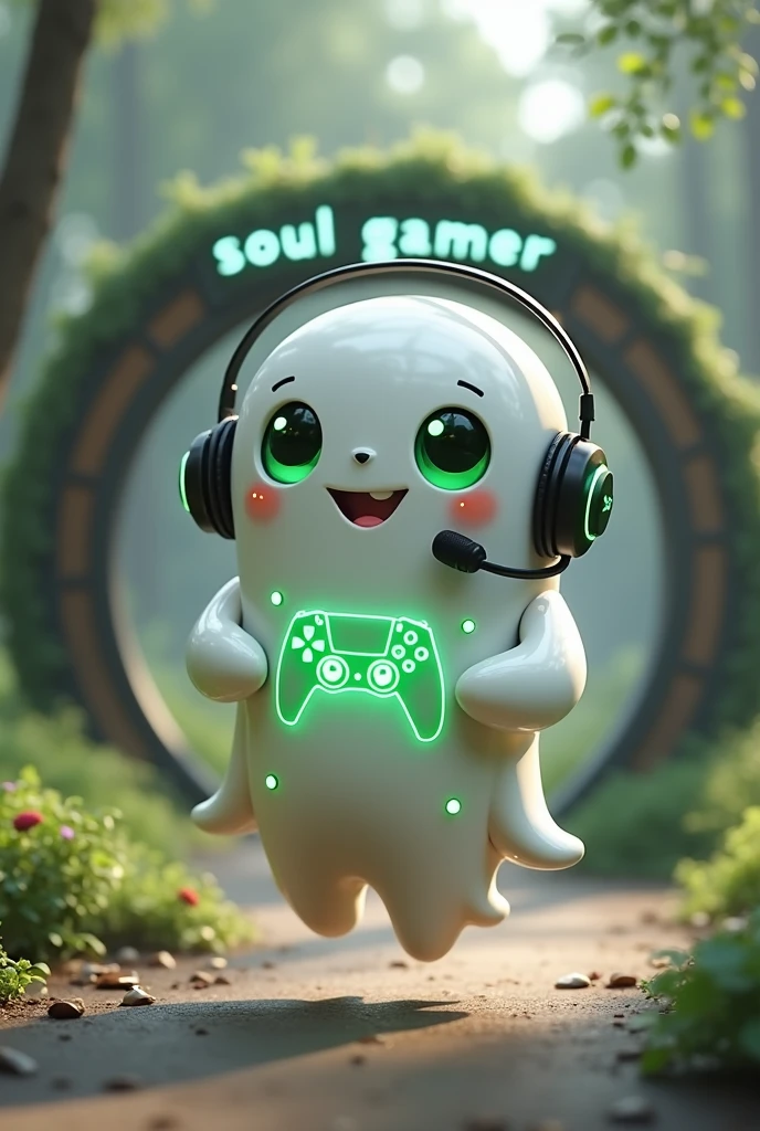 Create a medium-sized robot pet with a ghost-like appearance. Resembling a drop. On his hands he has five well-defined fingers. His facial expression has large, green eyes with a glow, conveying a friendly and cheerful expression. He has a small open mouth with a happy smile and flushed cheeks.. Its body is white with small green details and a smooth, slightly shiny texture.. He has a headset on his head with an adjustable microphone positioned close to his mouth.. And on his chest you can see the illuminated shape of a Playstation 5 controller in fluorescent green.. It floats in the air, as if he were ready for an adventure. Behind the character you can see a portal and on it is written "Soul Gamer"