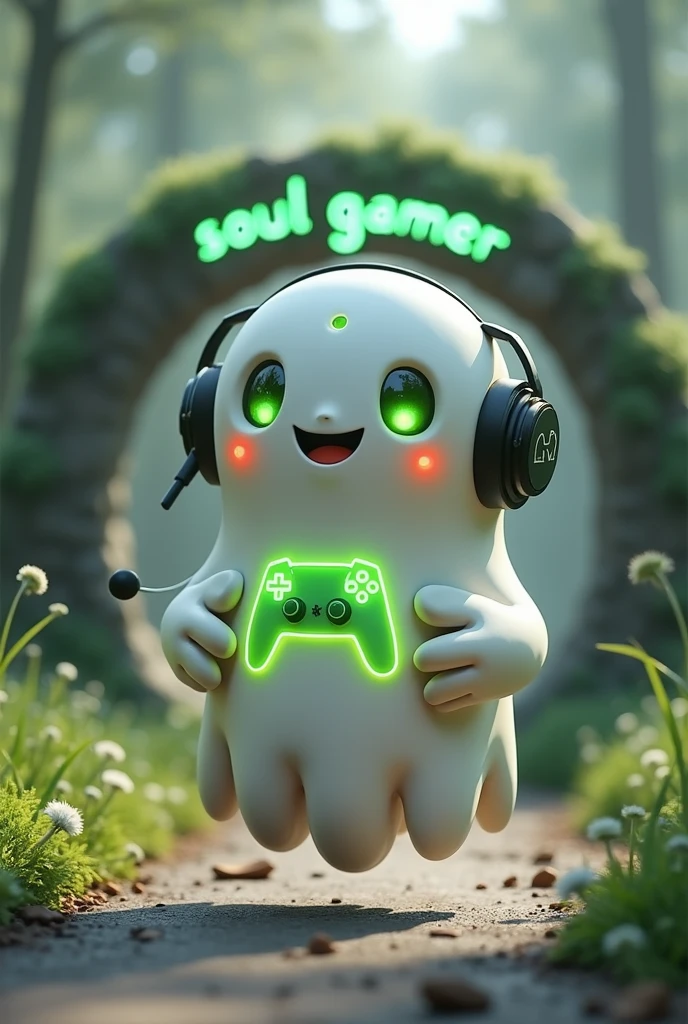 Create a medium-sized robot pet with a ghost-like appearance. Resembling a drop. On his hands he has five well-defined fingers. His facial expression has large, green eyes with a glow, conveying a friendly and cheerful expression. He has a small open mouth with a happy smile and flushed cheeks.. Its body is white with small green details and a smooth, slightly shiny texture.. He has a headset on his head with an adjustable microphone positioned close to his mouth.. And on his chest you can see the illuminated shape of a Playstation 5 controller in fluorescent green.. It floats in the air, as if he were ready for an adventure. Behind the character you can see a portal and on it is written "Soul Gamer"