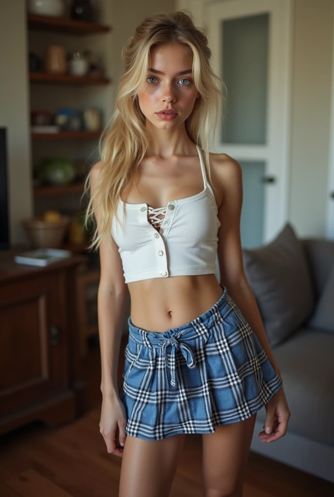 beautiful sexy little tween russian school girl, thin, long blonde hair, blue eyes, nice bottom, nice bottom, big red lips, dressed like a whore, blue plaid skirt, wearing only lingerie, scared, nice legs, nice bottom, standing on living room, ultra realistic, wearing glasses, wearing white cropped top, fit, pony tail, ful body image, awesome fit body, cum shot, semen on mouth, liquid white semen dripping from her mouth