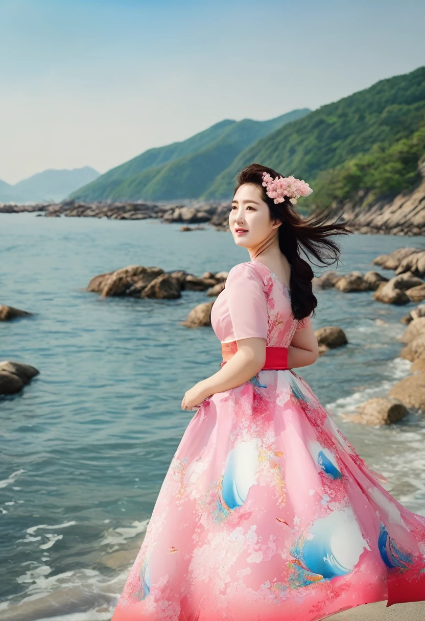 Korean sea scene There was a cute, bright, fat woman walking around wearing a beautiful dress.