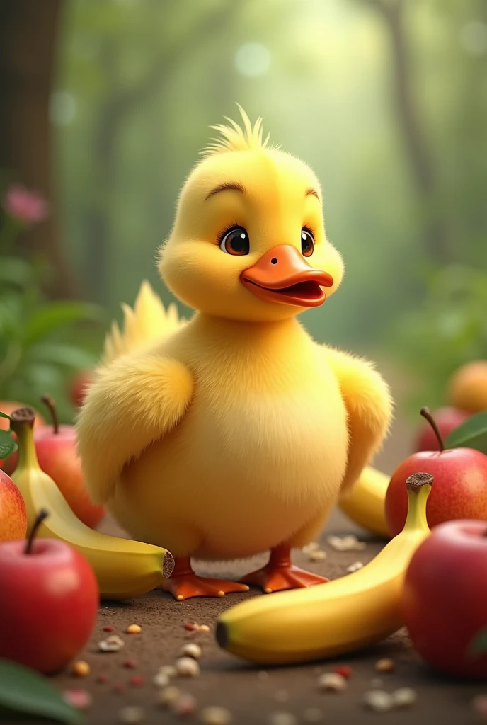 A duck eating apples and bananas