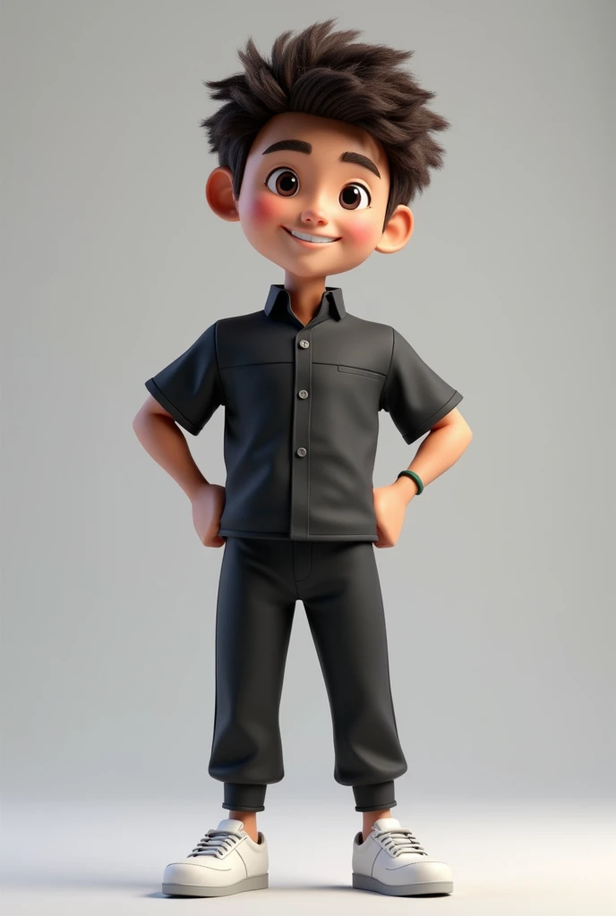 Create a 3D male mascot with curly hair and no beard wearing a black uniform with no logo and white sneakers 