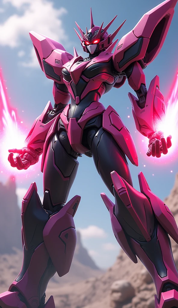 anime, Giant Robot, A dynamic full-body image of a black, pink, and peach blossom colored female super robot fighting with lasers coming out of her palms. Simple Background,universe,