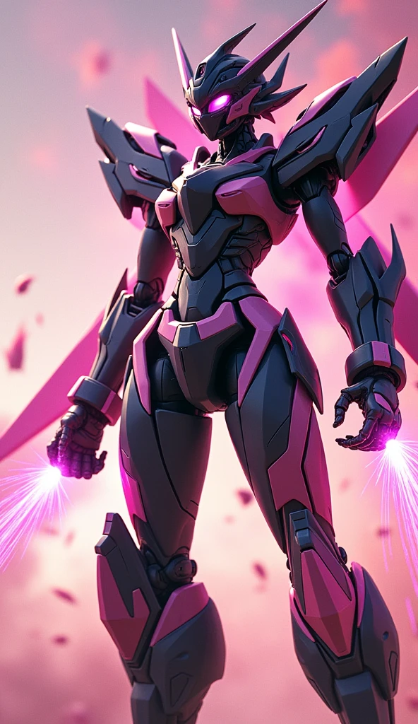 anime, Giant Robot, A dynamic full-body image of a black, pink, and peach blossom colored female super robot fighting with lasers coming out of her palms. Simple Background,universe,