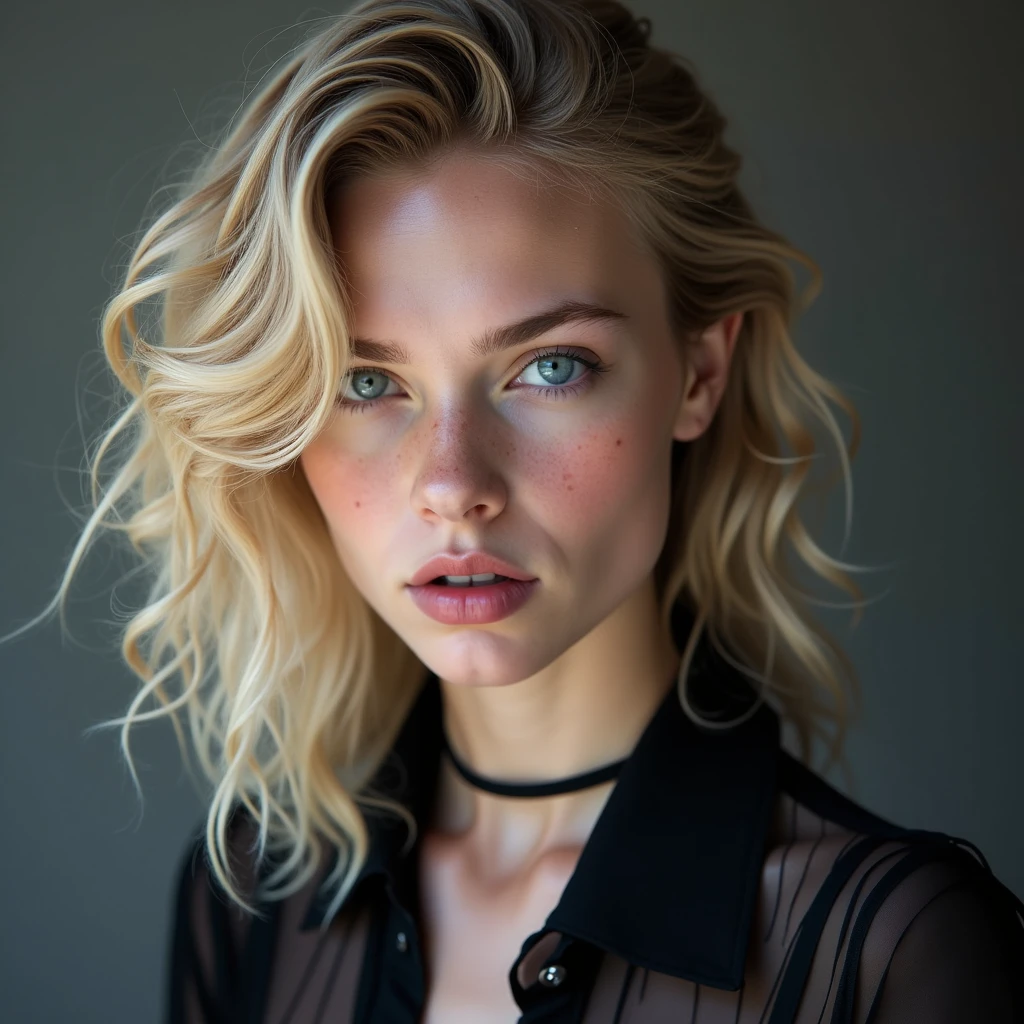 (oeuvre d'art, meilleure qualité), 1 fille, beau visage, Gwendoline_Tennyson, poitrine, (1 fille, debout seul:1.3), fond blanc, Autre, Coup moyen, tronc, visage détaillé, sourire, bouche béante, Visage d'amour, ombre, Camisole transparente, Tour de cou noir, langue dehors, bras en avant, en sueur, Baver