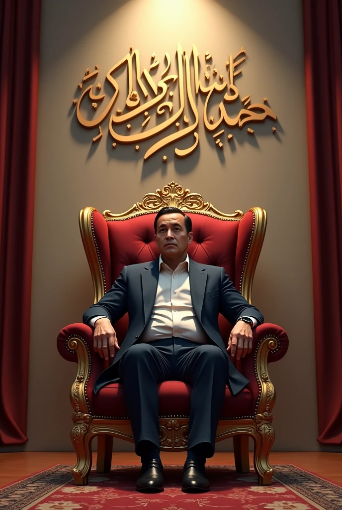 Create a realistic image a man is 2 sitting in a king chair with wing behind the wall is written " Ruhul Amin" in curve style 