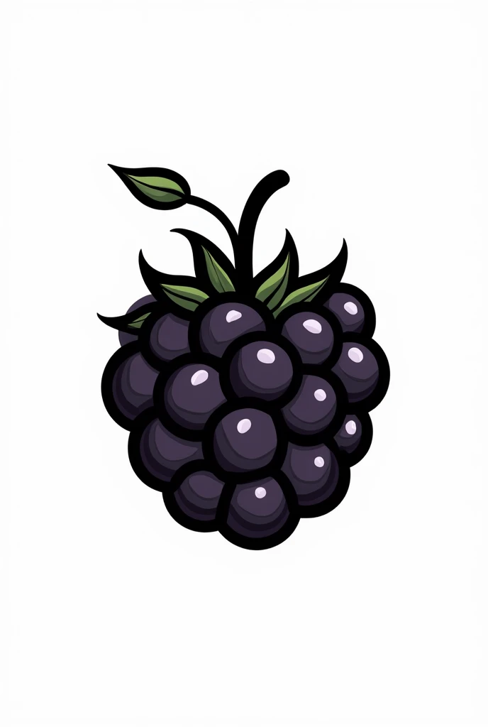 A bold, black-outlined blackberry on a white background, cartoon style, Simple design, not colored , uncolored, bold black high quality, no blur , no color except black , no shadows, no shading