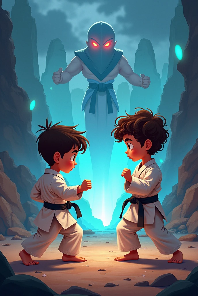 Disney-style cartoon of a  boy with curly brown hair who is having a karate competition against another boy, They are in a Mortal Kombat type landscape