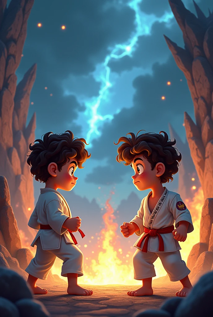 Disney-style cartoon of a  boy with curly brown hair who is having a karate competition against another boy, They are in a Mortal Kombat type landscape