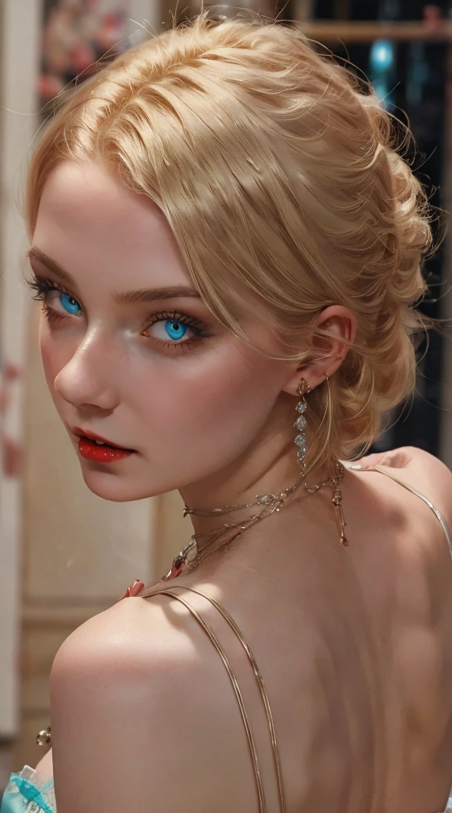 1 beautiful woman, 20 years old, pale white skin (Extremely detailed skin), bright blue eyes (vampire eyes), detailed and beautiful eyes, blonde hair (lived and detailed hair), sexy haircut, feminine and highly detailed facial features , perfect body, perfect abdomen, perfectly round butt, makeup, red lips, earrings, necklace, choker, bracelets, accessories, tiny underwear (string), turquoise underwear, looking at the camera, sexy pose, side pose, ((View from behind:1.4)), lifting hips, lifting buttocks, (extremely delicate and beautiful work), (masterpiece), highly detailed, charming expression, simple blurred background, extremely detailed description, mix4, (8k, RAW photo, best quality, masterpiece: 1.2), (realistic, photorealistic: 1.37), cute, cityscape, rain, wet, professional lighting, photon mapping, radiosity, physical representation, view ass