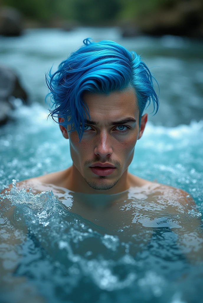 man with blue eyes and blue hair in the river but with traces of the water element