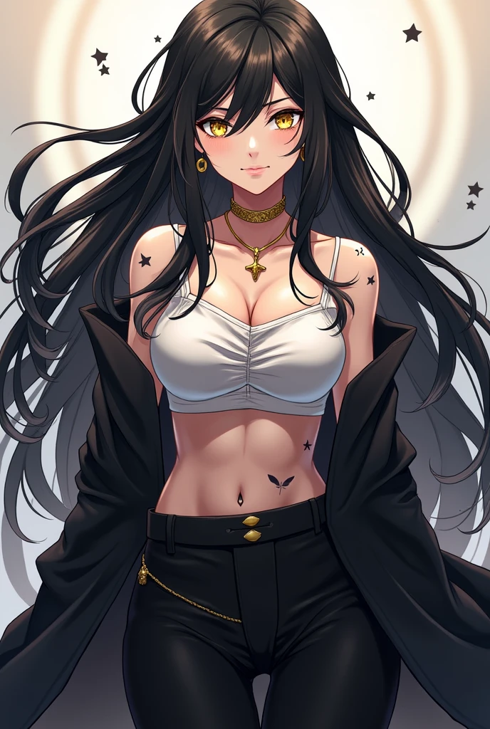 at only . Gives off a powerful and intimidating aura, She is a strong and incredibly beautiful woman. black hair with white tips was combed with loose hair, The hair ends in wavy white tips, The eyes were golden and shine like diamonds, under the eyes a black 5-pointed star as a mark on his face, has more of these stars throughout the body. She is wearing loose black pants and a white top., un haori negro. She wears a thin gold chain as a choker, in the ears earrings, some small gold hoops, She has a gold navel ring as well.. Do it like an anime character from Jujutsu Kaisen.