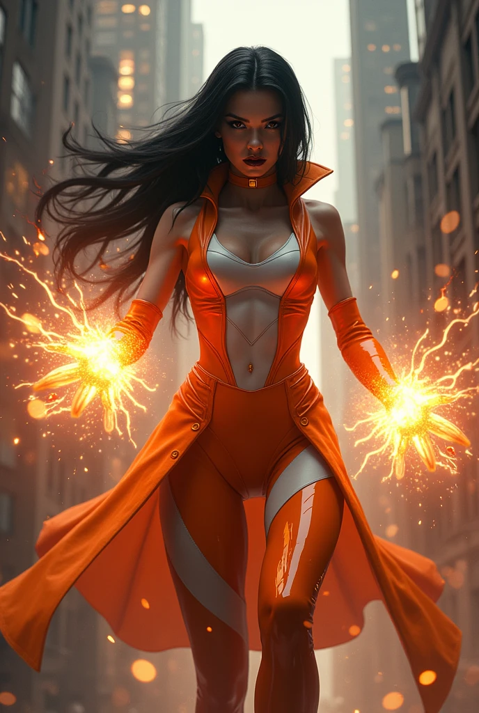 A Sultry and Beautiful young woman with a soul of pure evil and hatred. A short thin woman with black medium length straight hair, wearing a tight revealing orange and white skintight costume with energy crackling across her fingertips. She is attacking costumed heroes in the city with her energy blasts. A sinister scowl crosses her glossy black lips.