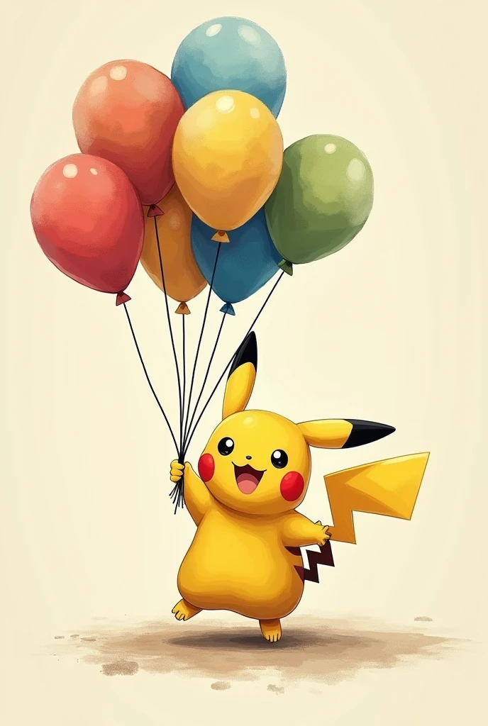 pikachu holding balloons in one hand in vector, with painting similar to dry pastel