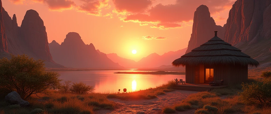 A stunning landscape of the African wilderness, a beautiful sunrise over a tranquil lake, an African hut on one side of the scene, dramatic cinematic lighting, majestic rock formations, no animals or evil, breathtaking view, extreme detail, (best quality, 4k, 8k, high definition, masterpiece: 1.2), extreme detail, (realistic, realistic, photorealistic: 1.37), dramatic lighting, cinematic composition Pixar style close to the Lion King animation The land area is larger than the lake Trees and rocks Attention to precise theatrical perspective High quality on the scale of theatrical design Clear details Greek character dominates the place