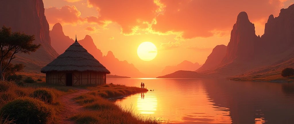 A stunning landscape of the African wilderness, a beautiful sunrise over a tranquil lake, an African hut on one side of the scene, dramatic cinematic lighting, majestic rock formations, no animals or evil, breathtaking view, extreme detail, (best quality, 4k, 8k, high definition, masterpiece: 1.2), extreme detail, (realistic, realistic, photorealistic: 1.37), dramatic lighting, cinematic composition Pixar style close to the Lion King animation The land area is larger than the lake Trees and rocks Attention to precise theatrical perspective High quality on the scale of theatrical design Clear details Greek character dominates the place