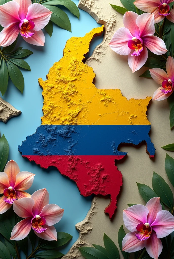 Map of Colombia with the Colombian flag and orchids