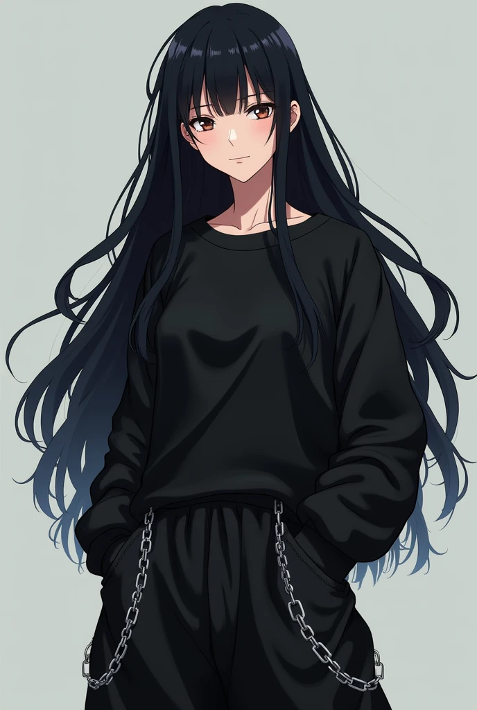 Full-body. Physically attractive woman with long black hair with bangs, dark brown eyes, wearing a black sweatshirt, an oversized pant with a silver chain hanging from it. The Legend of Anime Kimetsu no yaiba. Full-body