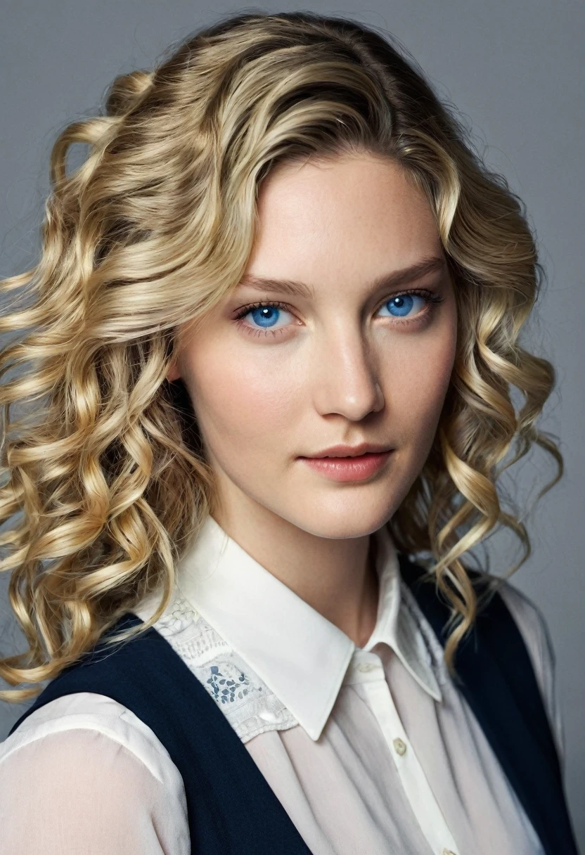 A beautiful female character. The girl is a student. She has long blonde curls and beautiful blue eyes. There is a young man nearby. Beautiful. Dark hair. Short beard. He looks like actor Ben Barnes. Having sex.