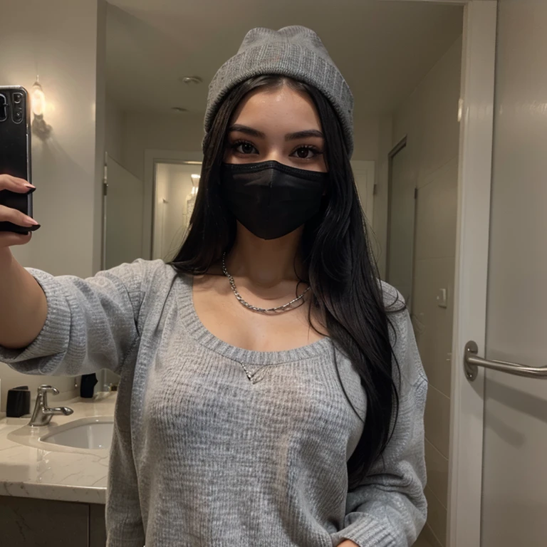 Sexy girl with long black hair taking a selfie in a black mask, a gray sweater and a black cap with a black beanie t silver chain
