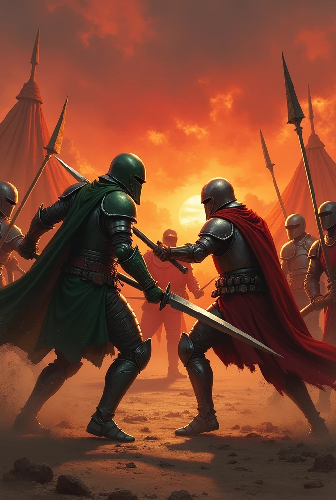 2 men who weared green battle suit, 1st men have sword, 2nd men javelin and both men  are fight with 8 men which wear red battle suit every men has sword Sun set, blood sky, burning tents, burning date trees