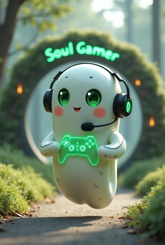Create a medium-sized robot pet with a ghost-like appearance. Resembling a drop. On his hands he has five well-defined fingers. His facial expression has large, green eyes with a glow, conveying a friendly and cheerful expression. He has a small open mouth with a happy smile and flushed cheeks.. Its body is white with small green details and a smooth, slightly shiny texture.. He has a headset on his head with an adjustable microphone positioned close to his mouth.. And on his chest you can see the illuminated shape of a Playstation 5 controller in fluorescent green.. It floats in the air, as if he were ready for an adventure. Behind the character you can see a portal and on it is written "Soul Gamer"