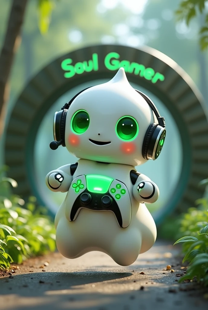 Create a medium-sized robot pet with a ghost-like appearance. Resembling a drop. On his hands he has five well-defined fingers. His facial expression has large, green eyes with a glow, conveying a friendly and cheerful expression. He has a small open mouth with a happy smile and flushed cheeks.. Its body is white with small green details and a smooth, slightly shiny texture.. He has a headset on his head with an adjustable microphone positioned close to his mouth.. And on his chest you can see the illuminated shape of a Playstation 5 controller in fluorescent green.. It floats in the air, as if he were ready for an adventure. Behind the character you can see a portal and on it is written "Soul Gamer"