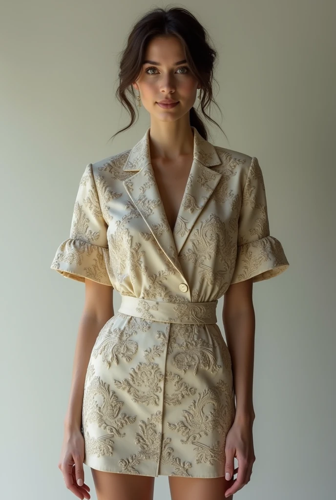 European woman model wearing a short skirt and short sleeve blouse set with the same thick fabric in baroque relief. 