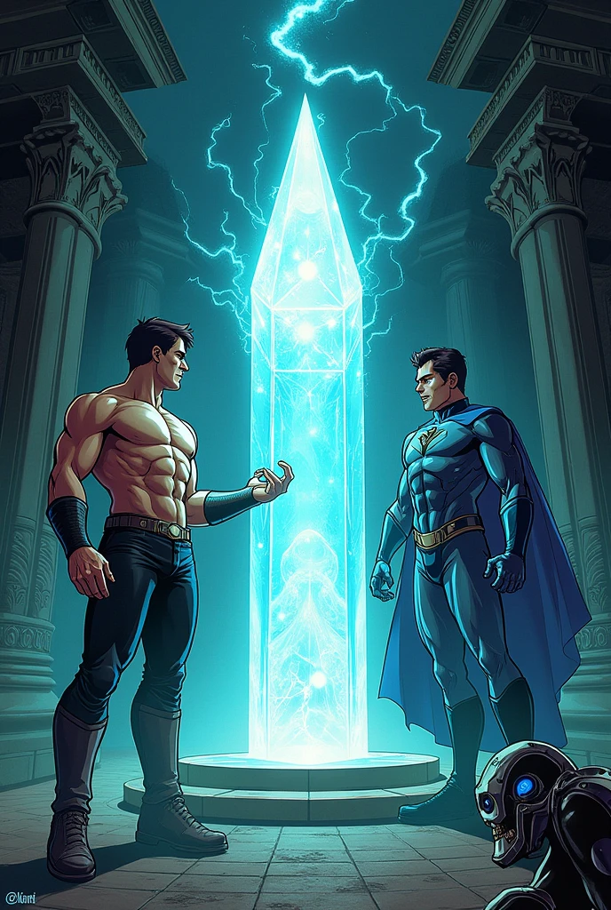 MAKE ME A COMIC COVER ,WITH THE LANTERN CHARACTERS,POCKET WATCH AND A CLIP A dark background with a slight glow that imitates the light of an ancient temple.
Main elements:
Crystal of Dawn: Bright and in the center of the cover, with rays of light emanating from it.
The Lantern: On the left, illuminating the glass with its light, showing their excitement and determination.
The Pocket Watch: On the right, with an expression of warning or concentration, perhaps with its second hand moving.
the Clip: In the lower right corner, trying to grab the glass, with an expression of greed or determination.