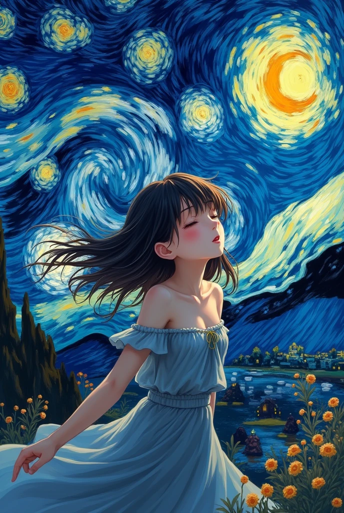 A ahegao anime girl in the style of van Gogn starry night, highly detailed, digital painting
