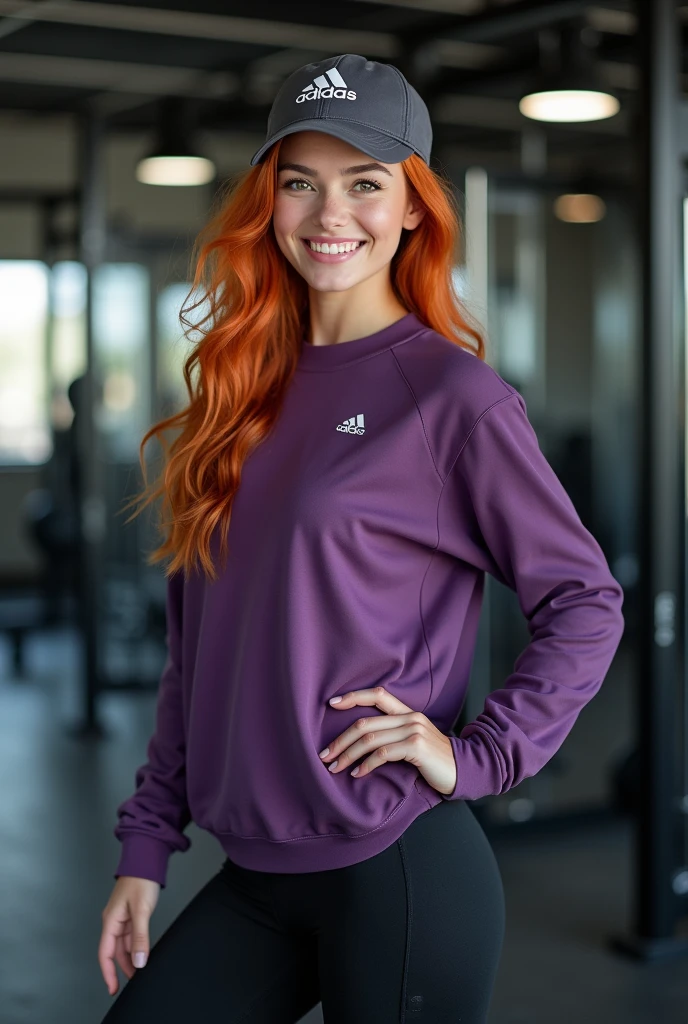 generates a beautiful girl with orange hair, Bright hazel eyes, charming smile, White skin, wearing an Adidas sports cap, a purple sports sweater, black sports leggings, Adidas sports shoes, gym background, Professional full body photography , Super 8K UHD resolution, aperture v4, perfect composition, Ultra-sharp minute details, very sharp and well defined, that your pose is standing with one hand on your waist and the other waving towards the camera while smiling, body fitness, masterpiece