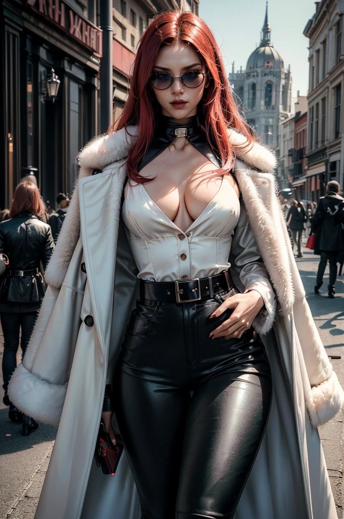 a beautiful young woman with long red hair, slim body, thin waist, narrow hips, detailed facial features, ((wearing high quality high waist black leather pants)), ((wearing formal white colored silk shirt with cleavage and long sleeves)), ((wearing black fur coat)), ((coat on shoulders)), ((red lining)), ((double luxury waist belt)), ((slightly red tinted glasses)), ((expensive reflective silk scarf)), holding a handbag, hand on waist, (best quality,4k,8k,highres,masterpiece:1.2),ultra-detailed,(realistic,photorealistic,photo-realistic:1.37),high fashion,editorial,dramatic lighting,cinematic,vivid colors,intricate details, glamorous