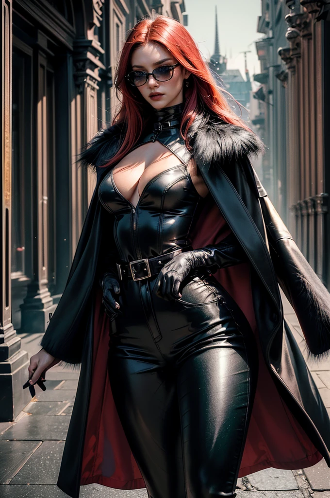 a beautiful young woman with long red hair, slim body, thin waist, narrow hips, detailed facial features, ((wearing high quality high waist black leather pants)), ((wearing formal white colored silk shirt with cleavage and long sleeves)), ((wearing black fur coat)), ((coat on shoulders)), ((red lining)), ((double luxury waist belt)), ((slightly red tinted glasses)), ((expensive reflective silk scarf)), holding a handbag, hand on waist, (best quality,4k,8k,highres,masterpiece:1.2),ultra-detailed,(realistic,photorealistic,photo-realistic:1.37),high fashion,editorial,dramatic lighting,cinematic,vivid colors,intricate details, glamorous