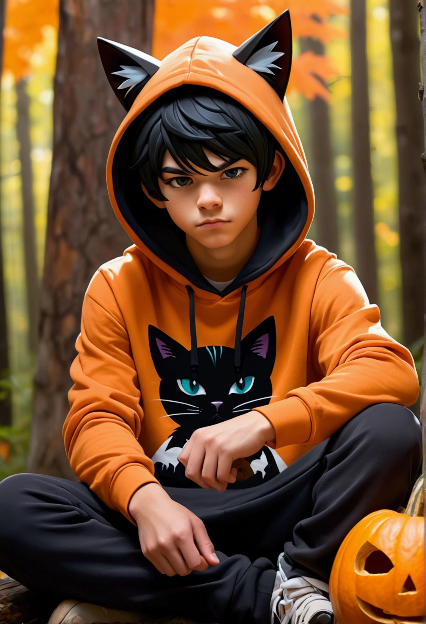 Black hair, black cat ears, graffiti hoodie, muscular teenage boy, carving pumpkin, sitting on a log, woods background,