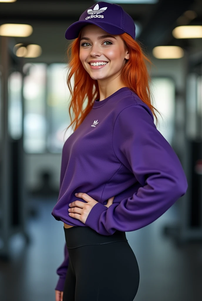 generates a beautiful girl with orange hair, Bright hazel eyes, charming smile, White skin, wearing an Adidas sports cap, a purple sports sweater, black sports leggings, Adidas sports shoes, gym background, Professional full body photography , Super 8K UHD resolution, aperture v4, perfect composition, Ultra-sharp minute details, very sharp and well defined, that your pose is standing with one hand on your waist and the other waving towards the camera while smiling, body fitness, masterpiece