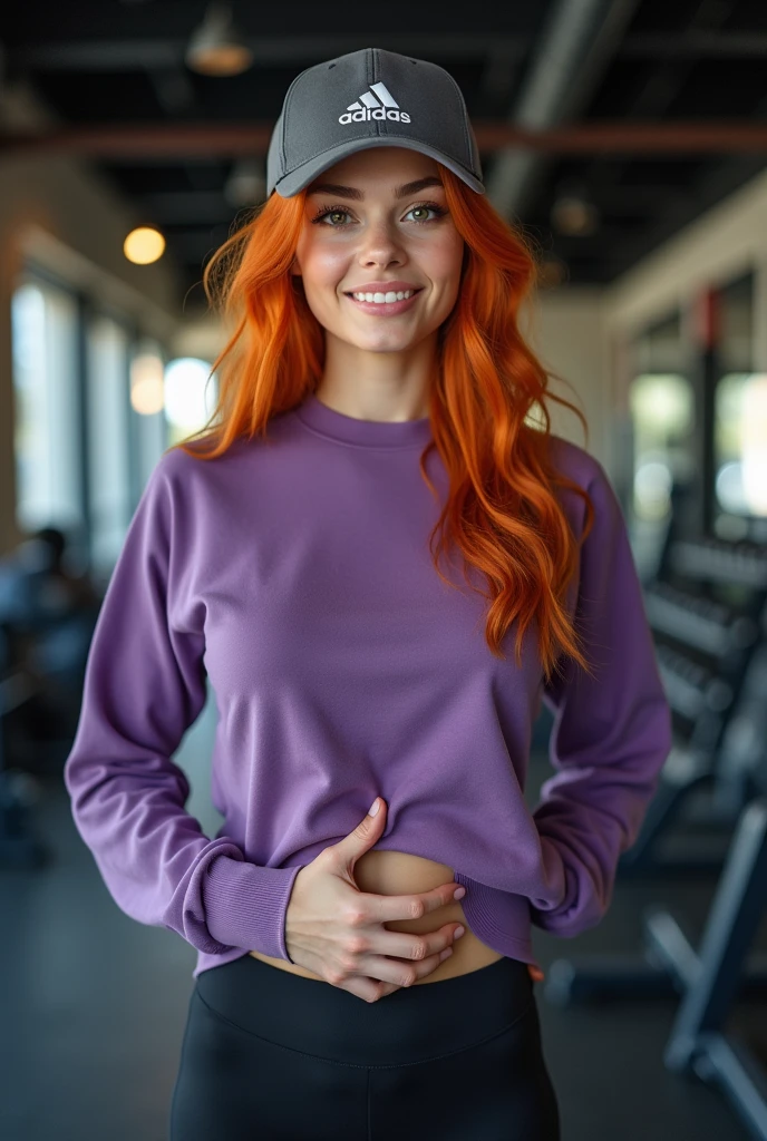 generates a beautiful girl with orange hair, Bright hazel eyes, charming smile, White skin, wearing an Adidas sports cap, a purple sports sweater, black sports leggings, Adidas sports shoes, gym background, Professional full body photography , Super 8K UHD resolution, aperture v4, perfect composition, Ultra-sharp minute details, very sharp and well defined, that your pose is standing with one hand on your waist and the other waving towards the camera while smiling, body fitness, masterpiece