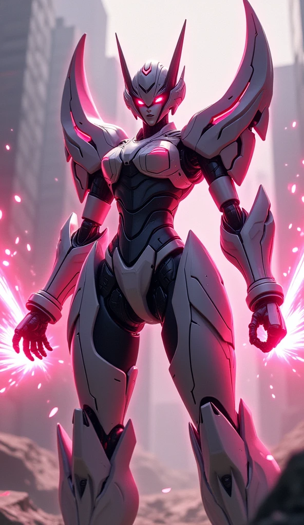 anime, Giant Robot, A dynamic full-body image of a black, pink, and peach blossom colored female super robot fighting with lasers coming out of her palms. Simple Background,universe,