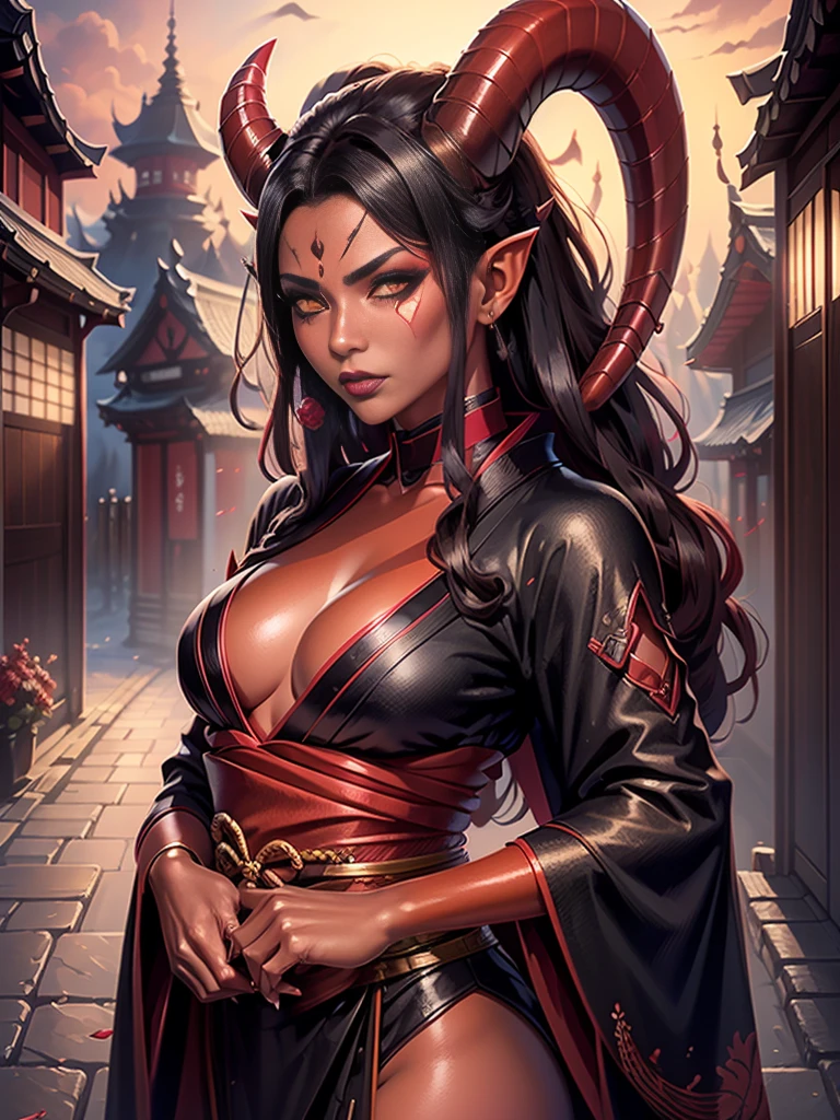 1girl, female, solo, tiefling, (red skin, red colored skin, crimson skin), Woman, jewelery, piercing, black oni horns, vlack hair, long hair, yellow eyes, black lips, choker, goth, horn ornament, armour, ((master part, best qualityer)), horns pointed ears, make-up, (face detailed), face focus, portrait, fully body, wearing black kimono, long flowing kimono, natural breasts, medium breasts,