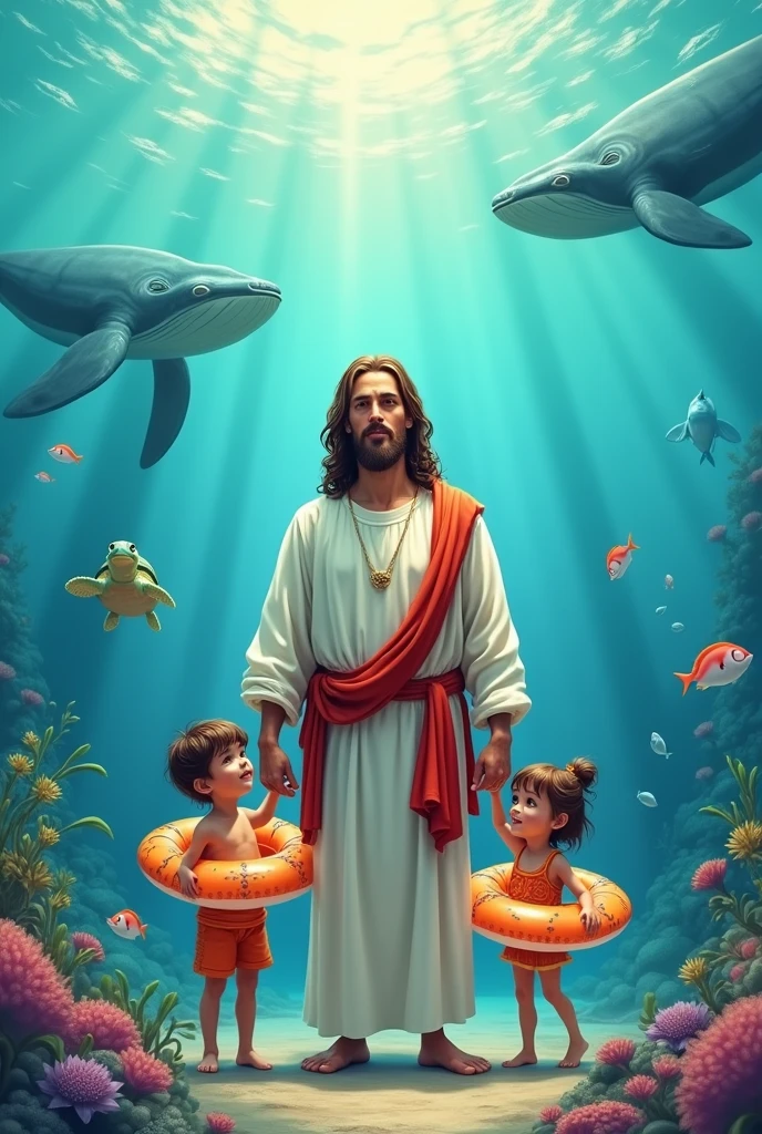 Create a written shirt art : Jesus our lifesaver. DRAWING of JESUS in the sea, with 2 cute kids with float, put fish, whale and turtles.
  I WANT ALL THE ART IN DRAWING White background