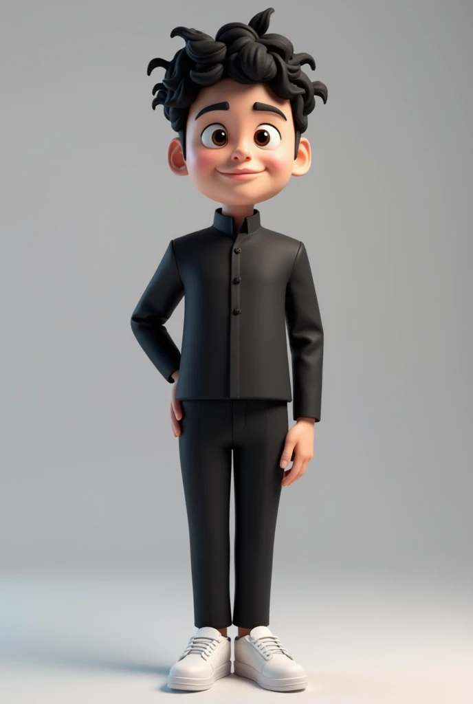 Create a 3D male mascot with curly dark hair and no beard wearing a black uniform with no logo and white sneakers